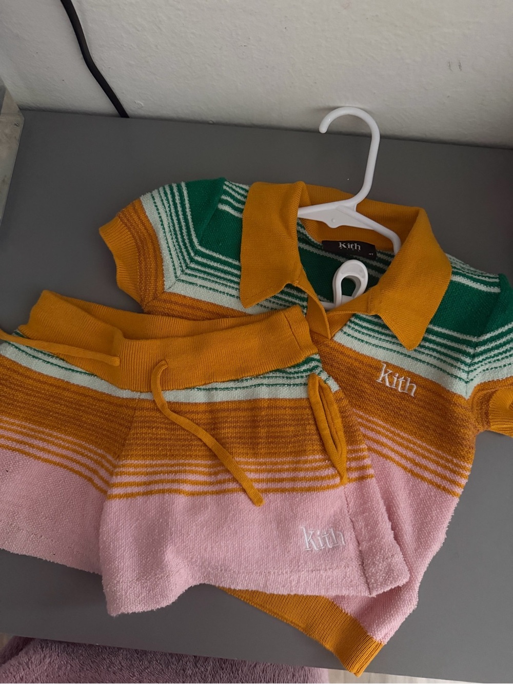 Kith Kids Striped Polo Top & Shorts Set in Yellow, Green & Pink